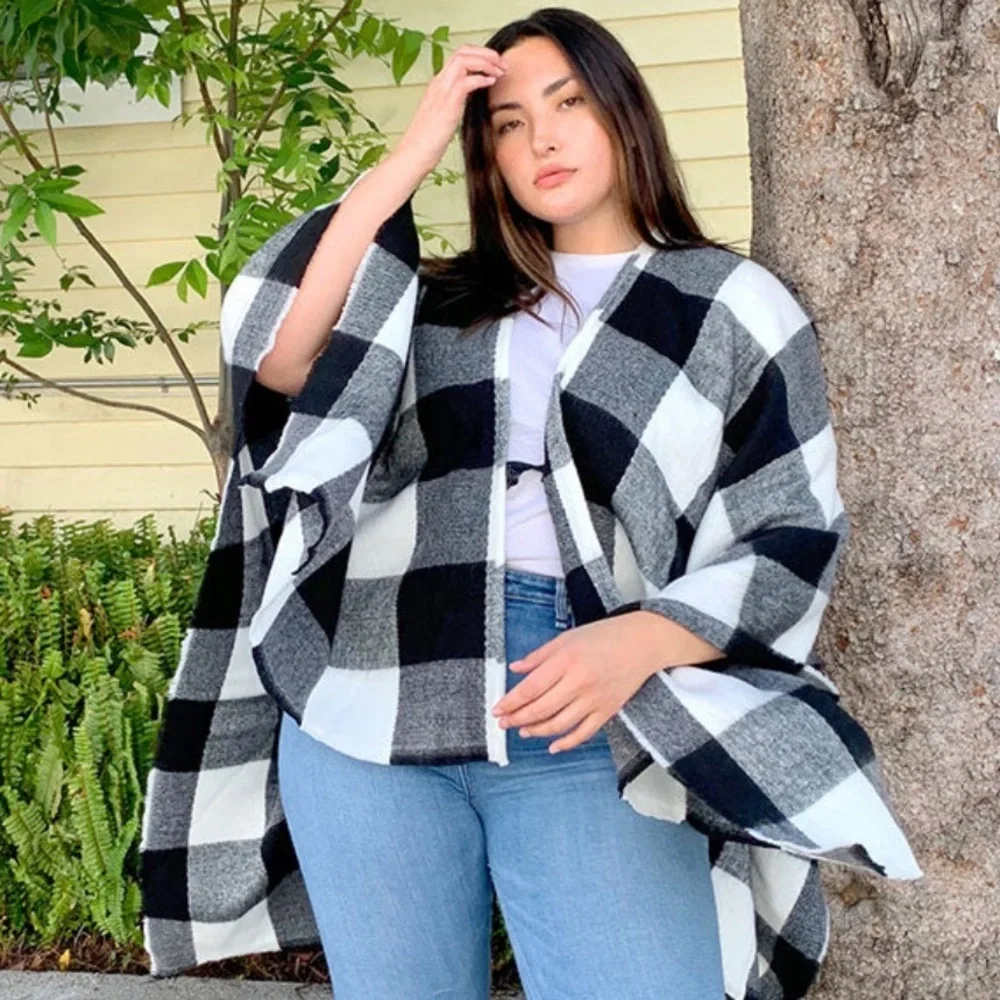 Summer and Rose Black and White Check Cape with Toggle Closure